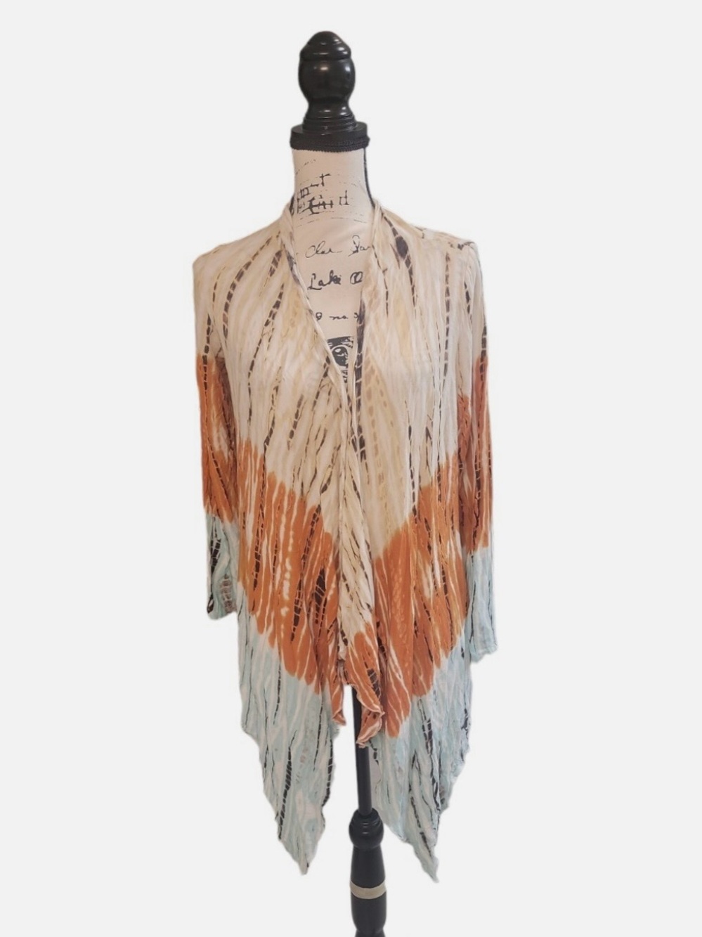 Monroe & Main Cream, Orange & Light Blue Tie-Dye Draped Cardigan size L